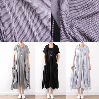 summer new gray original design striped dress long dresses and vest outside wearing casual suit - SooLinen