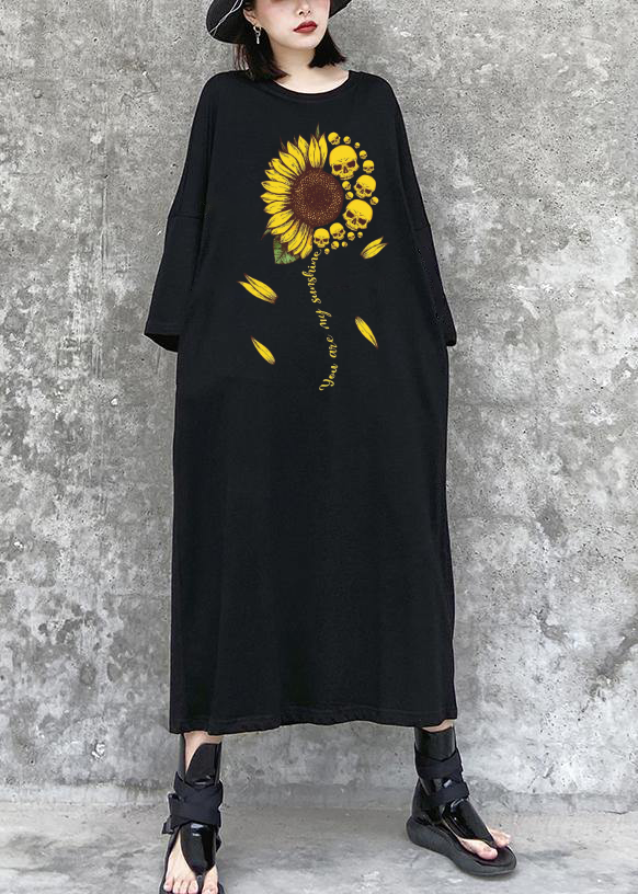 2025 Love Sunflower Black Maxi Dress Street Style Outfits