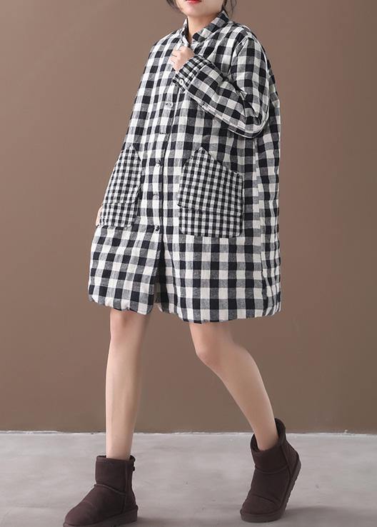 thick black white plaid winter coats plus size warm stand collar pockets overcoat - SooLinen