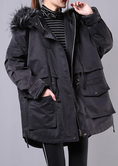 thick black winter parkas oversize down jacket hooded fur collar overcoat - SooLinen