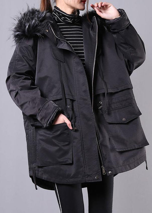 thick black winter parkas oversize down jacket hooded fur collar overcoat - SooLinen