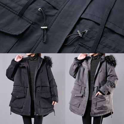 thick black winter parkas oversize down jacket hooded fur collar overcoat - SooLinen
