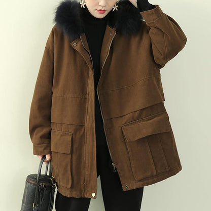 thick brown winter parkas casual snow jackets winter faux fur collar overcoat - SooLinen
