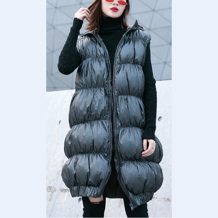 thick gray down jacket casual hooded zippered Parka fine Sleeveless tunic coat