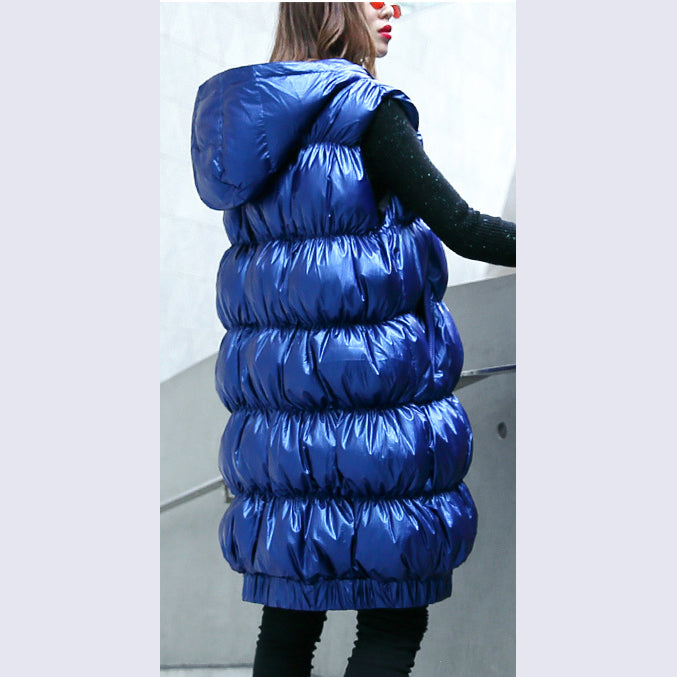 thick gray down jacket casual hooded zippered Parka fine Sleeveless tunic coat