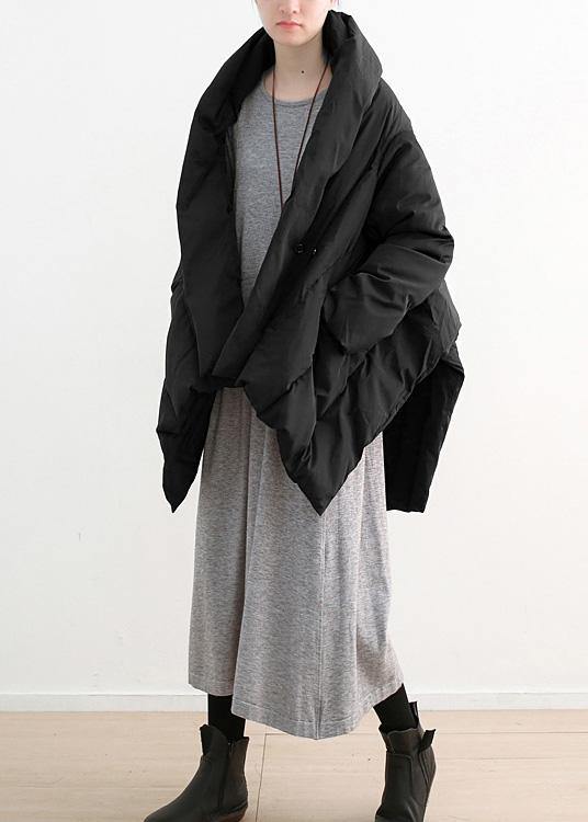 fine Loose fitting down jacket stand collar coats black Dark buckle warm winter coat - SooLinen