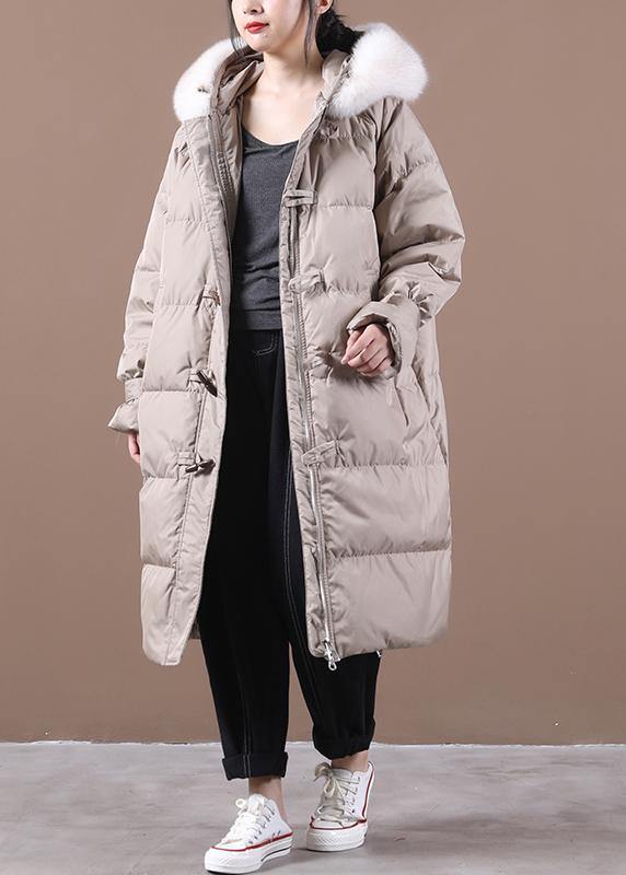 Loose fitting snow jackets pocket outwear khaki hooded fur collar down coats - SooLinen
