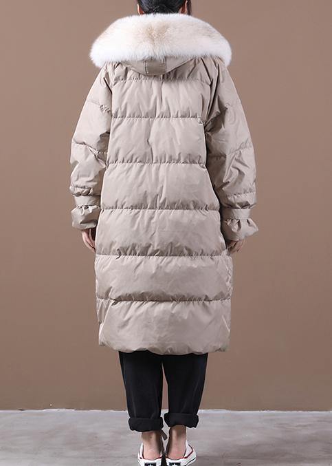 Loose fitting snow jackets pocket outwear khaki hooded fur collar down coats - SooLinen