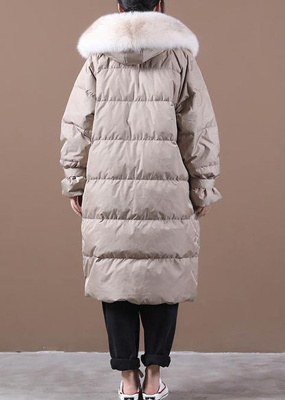 Loose fitting snow jackets pocket outwear khaki hooded fur collar down coats - SooLinen