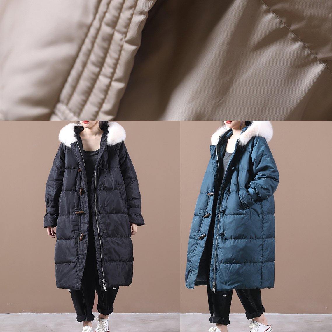 Loose fitting snow jackets pocket outwear khaki hooded fur collar down coats - SooLinen