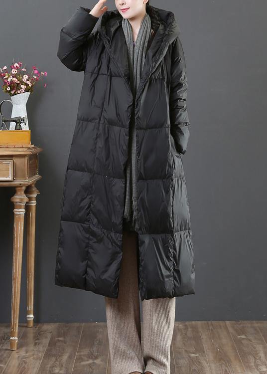 fine Loose fitting snow jackets winter outwear black hooded pockets goose Down coat - SooLinen