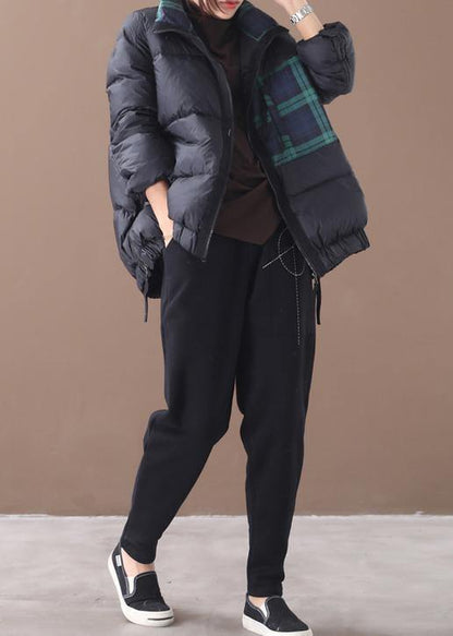 Loose fitting womens parka Jackets blackish green stand collar patchwork warm winter coat - SooLinen