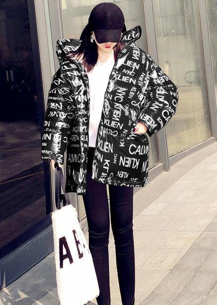 fine Loose fitting womens parka winter outwear black Letter hooded pockets goose Down coat - SooLinen