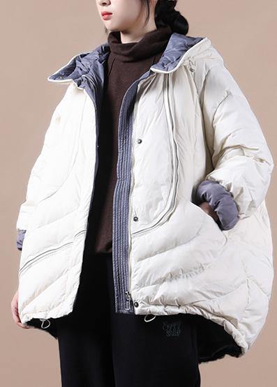 beige down jacket woman trendy plus size down jacket hooded pockets Casual overcoat - SooLinen