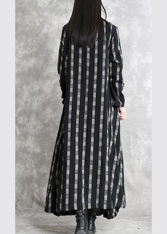 fine black Plaid natural linen dress plus size O neck patchwork linen maxi dress 2018 long sleeve pockets dresses