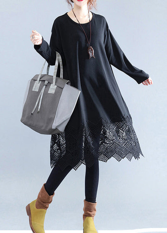 Fine Black Cotton Dresses Casual Cotton Clothing Dresses Fine Lace Ruffles Long Sleeve Cotton Dresses
