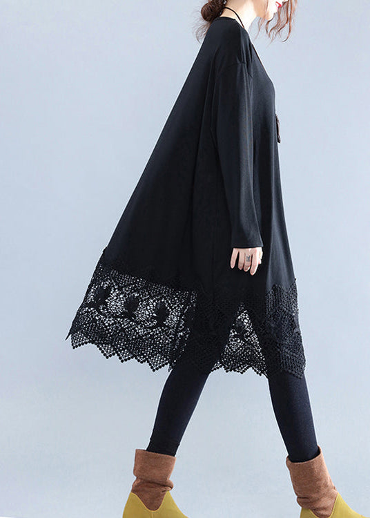 Fine Black Cotton Dresses Casual Cotton Clothing Dresses Fine Lace Ruffles Long Sleeve Cotton Dresses