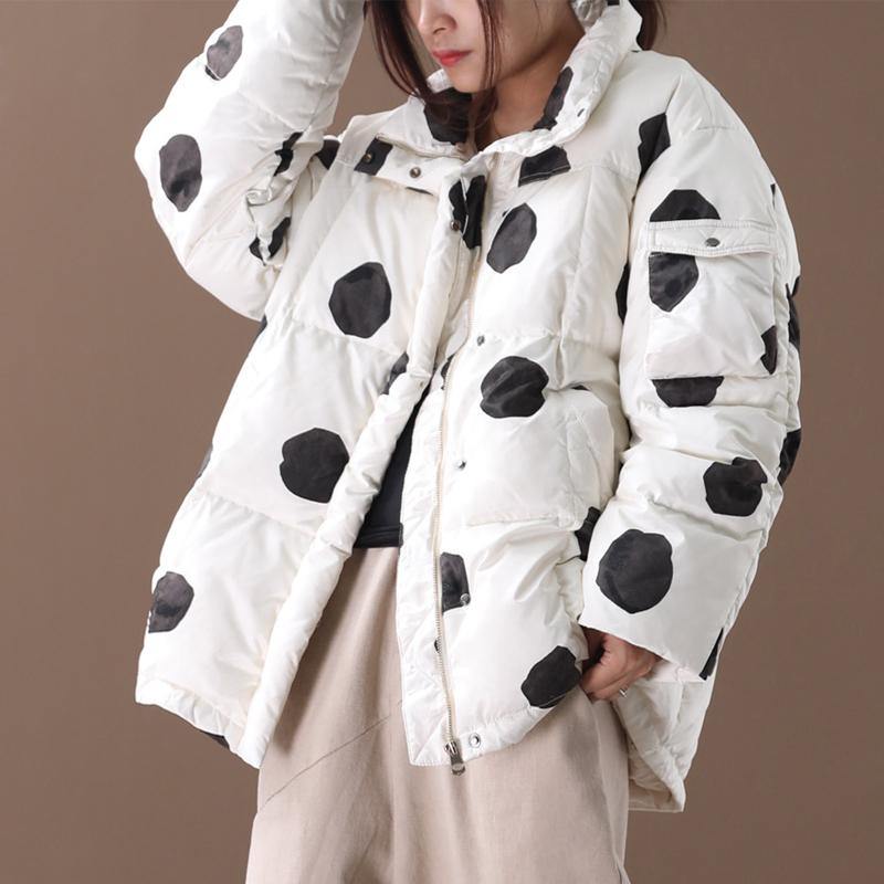 black dotted duck down coat plus size down jacket stand collar zippered Elegant coats - SooLinen
