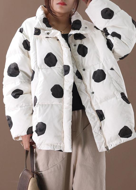 black dotted duck down coat plus size down jacket stand collar zippered Elegant coats - SooLinen