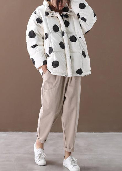 black dotted duck down coat plus size down jacket stand collar zippered Elegant coats - SooLinen