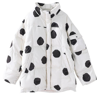 black dotted duck down coat plus size down jacket stand collar zippered Elegant coats - SooLinen