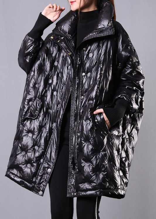fine black duck down coat plus size stand collar winter jacket Batwing Sleeve New overcoat - SooLinen