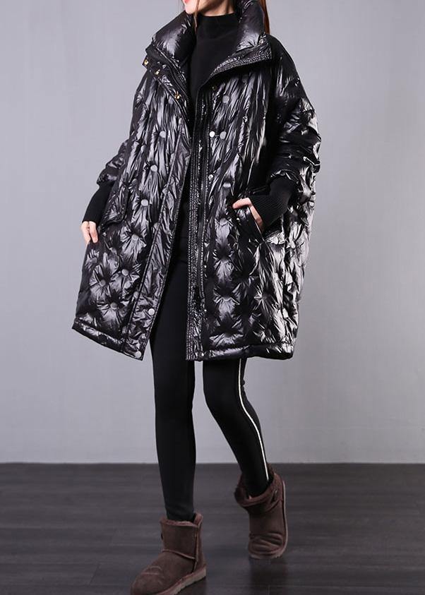 fine black duck down coat plus size stand collar winter jacket Batwing Sleeve New overcoat - SooLinen