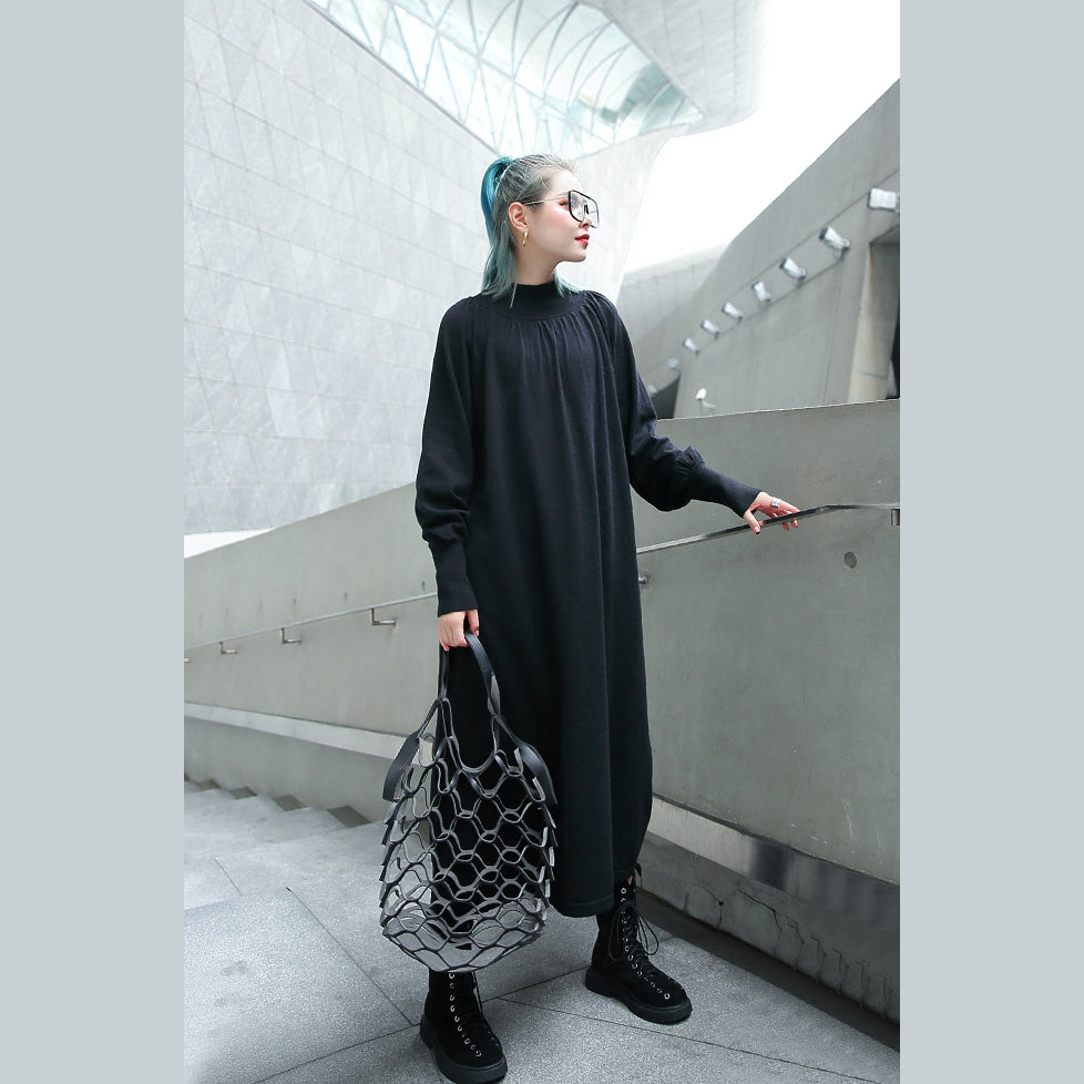fine black fall dress plus size clothing stand collar 2018 pockets baggy dresses