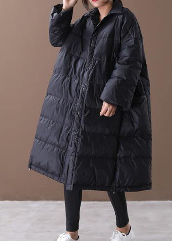 fine black goose Down coat plus size winter jacket stand collar Large pockets overcoat - SooLinen
