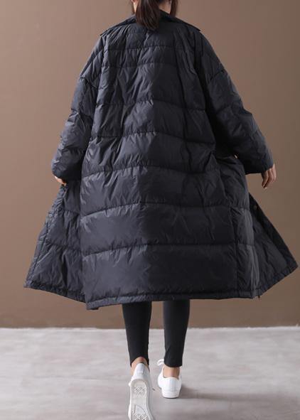 fine black goose Down coat plus size winter jacket stand collar Large pockets overcoat - SooLinen