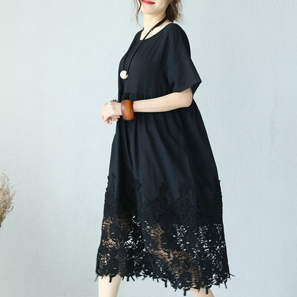 fine black linen dress Loose fitting O neck linen clothing dresses Elegant short sleeve baggy dresses