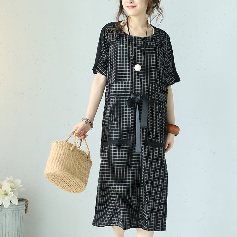 fine black plaid cotton dresses plus size patchwork traveling clothing 2018 tie waist gown