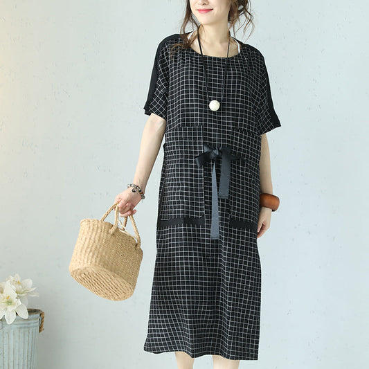 fine black plaid cotton dresses plus size patchwork traveling clothing 2018 tie waist gown