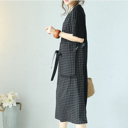 fine black plaid cotton dresses plus size patchwork traveling clothing 2018 tie waist gown