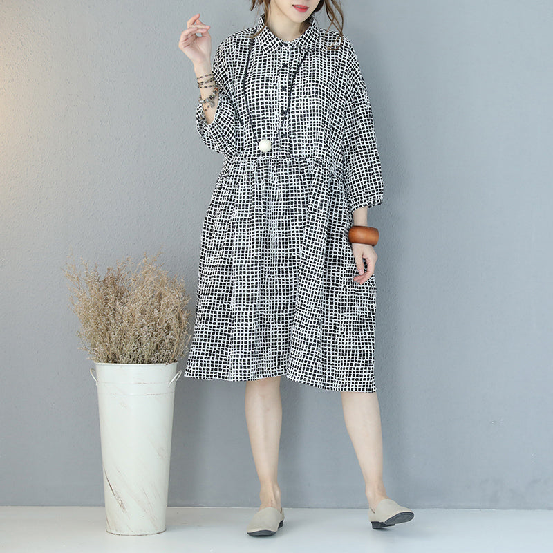fine black plaid pure cotton dress plus size clothing shirt dress boutique lapel collar bracelet sleeved natural cotton dress