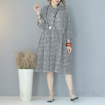 fine black plaid pure cotton dress plus size clothing shirt dress boutique lapel collar bracelet sleeved natural cotton dress