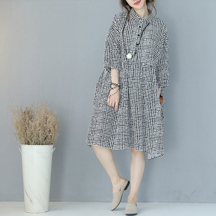 fine black plaid pure cotton dress plus size clothing shirt dress boutique lapel collar bracelet sleeved natural cotton dress