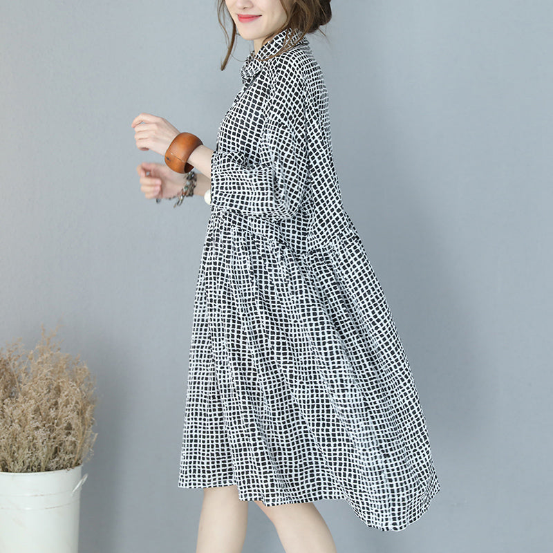 fine black plaid pure cotton dress plus size clothing shirt dress boutique lapel collar bracelet sleeved natural cotton dress