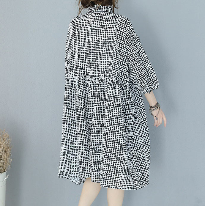 fine black plaid pure cotton dress plus size clothing shirt dress boutique lapel collar bracelet sleeved natural cotton dress