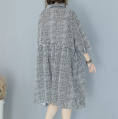fine black plaid pure cotton dress plus size clothing shirt dress boutique lapel collar bracelet sleeved natural cotton dress