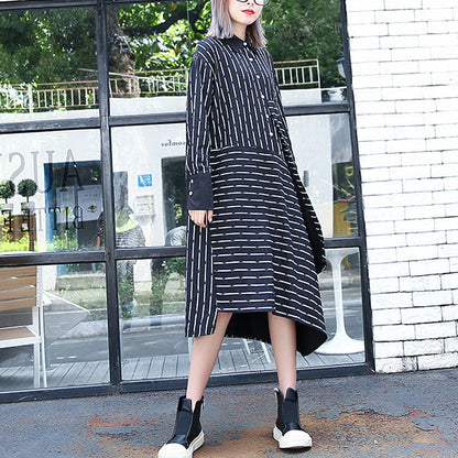 fine black white striped fall shirt dress plus size clothing Turn-down Collar women long sleeve asymmetrical design shirt dresses