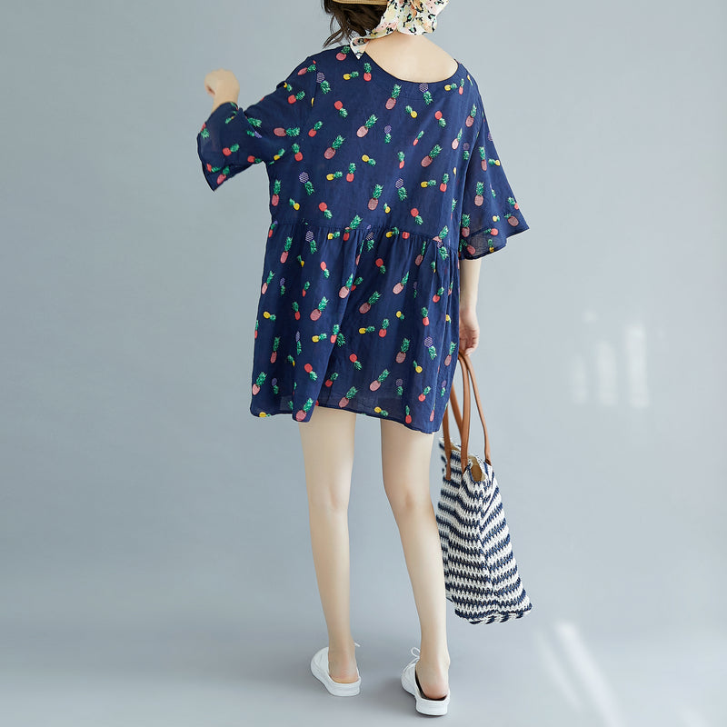 fine blue cotton shift dresses plus size clothing maxi dress casual Half sleeve floral v neck cotton dress