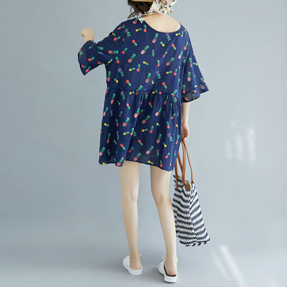fine blue cotton shift dresses plus size clothing maxi dress casual Half sleeve floral v neck cotton dress