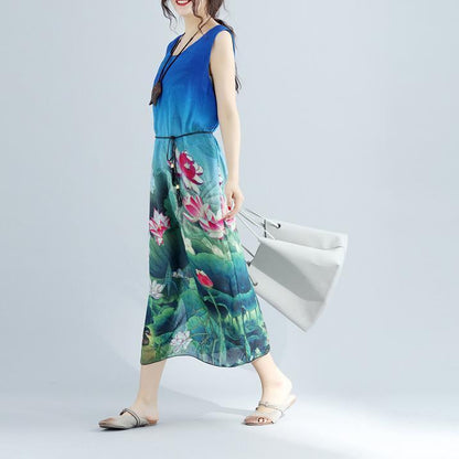 fine blue floral long cotton dress plussize sleeveless long cotton dresses boutique side open cotton clothing dresses