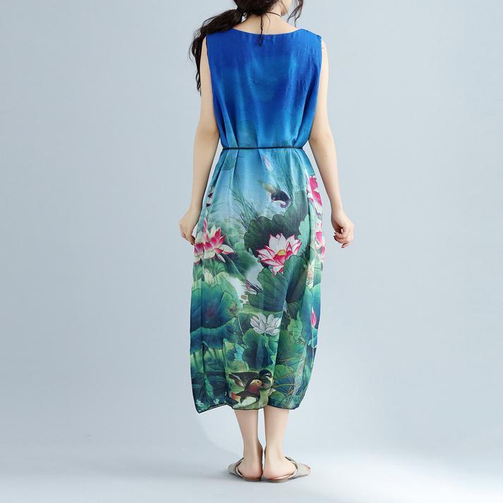 fine blue floral long cotton dress plussize sleeveless long cotton dresses boutique side open cotton clothing dresses