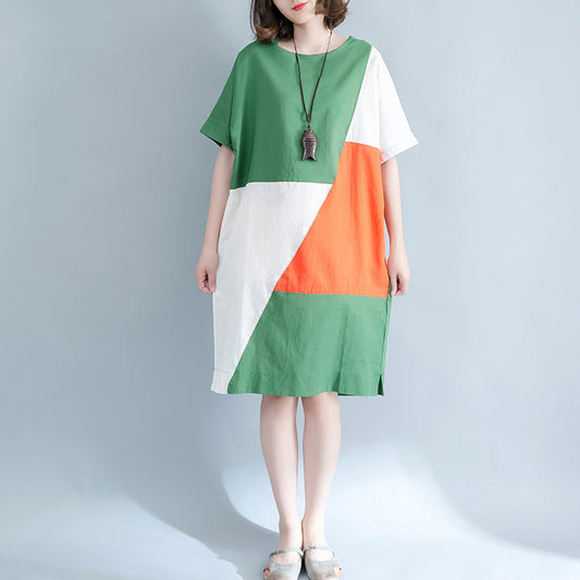 fine green Midi linen dresses plus size clothing shirt dress Elegant o neck patchwork linen dresses