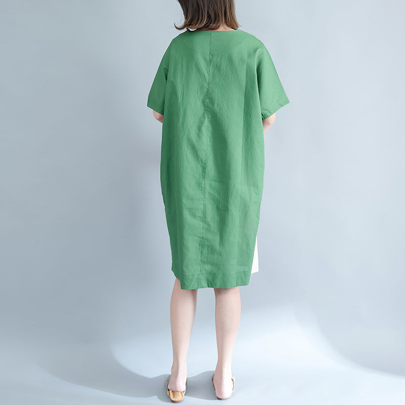 fine green Midi linen dresses plus size clothing shirt dress Elegant o neck patchwork linen dresses