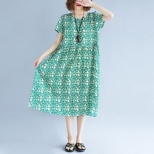 fine green cotton linen dresses plus size short sleeve print baggy dresses long dresses vintage o neck traveling dress