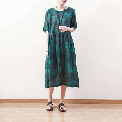 fine green natural linen dress plus size o neck linen maxi dress Elegant short sleeve gown