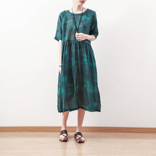 fine green natural linen dress plus size o neck linen maxi dress Elegant short sleeve gown